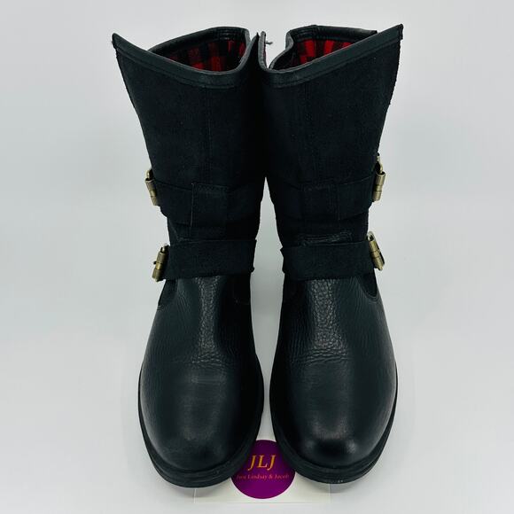 Sorel Women's Major Moto Black Leather Red Plaid Lined Boots NL2432-010 Size 9 - Picture 3 of 11